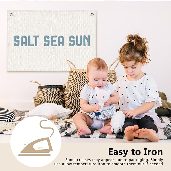 Coastal Beach Salt Sea Sun Kids Room Decor - Linen Banner Wall Hanging Canvas Banner Flag Decor for Kids Toddler Bedroom Nursery Playroom