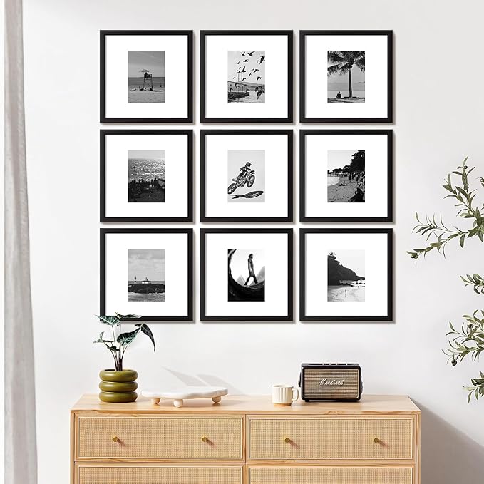 eletecpro 12x12 Picture Frames Set of 9 with 12x12 inches Mat, No Opening Free Size Mat for Multi-size Photos, Square Gallery Wall Decor, Black Collage Frame Set for Wall Hanging