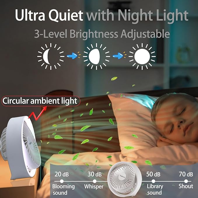 Small Desk Fan, Ultra Quite USB Fan Portable 3000mAh Rechargeable Battery Operate, High Power 3 Speed 5.3in With Ambient Light/Hook 180°Rotated Easy Clean (White)