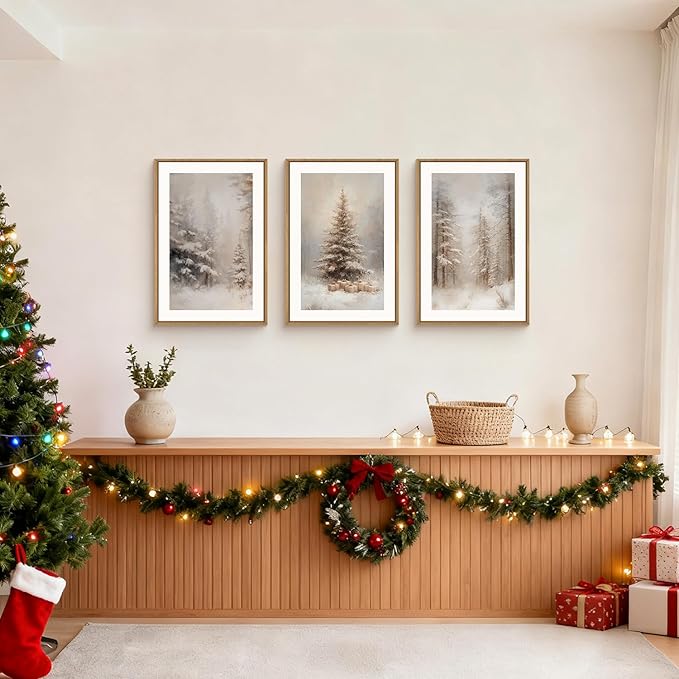Winter Snowy Forest Landscape Framed Canvas Wall Art Set,Modern Woodland Frosty Scenery Wall Decor,Nature Snow Covered Pine Tree Botanical Artwork for Living Room, Bedroom,Farmhouse- 24"x36"x3