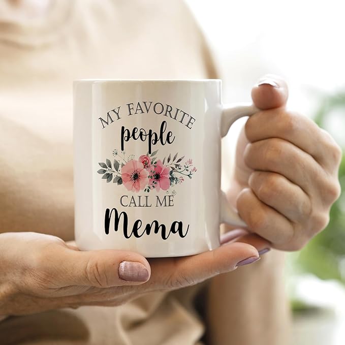 QASHWEY Mema Coffee Mug, Mema Gifts for Grandma, MemaGifts from Grandkids, Grandma Coffee Mugs, Mothers Day Mug Tea Cup Gift forMema, My Favorite People Call Me MemaCoffee Cup Ceramic 11oz
