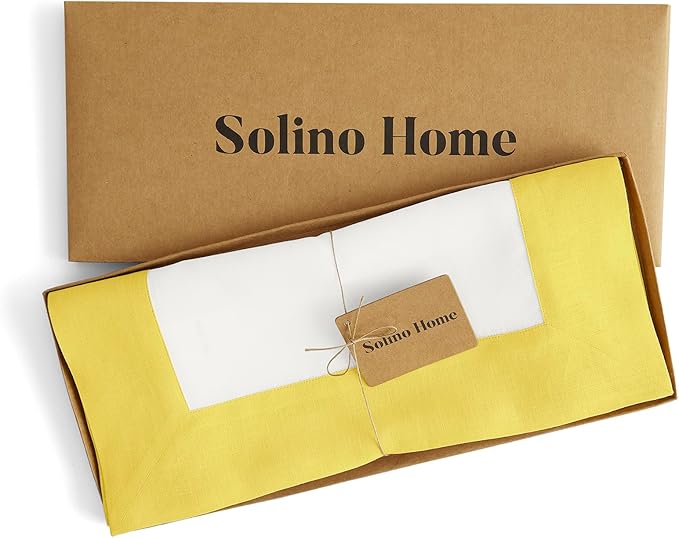 Solino Home Linen Table Runner 36 Inches - 100% Pure Linen Sunshine Yellow and White Table Runner 14 x 36 Inch Ideal for Dresser and Coffee Tables, Spring, Easter - Contempo