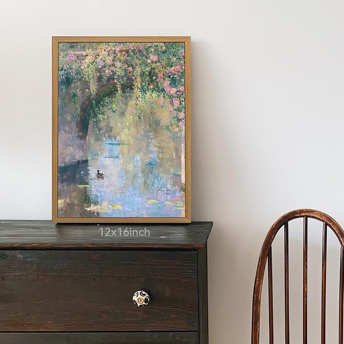 CAZLOUC Vintage Monet Floral Wall Art, Rustic Still Life Canvas Painting, Impressionist Pond Duck Wall Decor, Watercolor Botanical Landscape Poster Print for Bedroom Bathroom Wood Framed 12x16 Inch