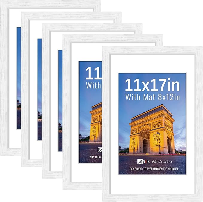 VCK 11x17 Picture Frames White Set of 5, Wide Border Wood, Tempered Glass, Display 8x12 Photo with Mat or 11 x 17 without, for Home, Office, Gallery, Woodgrain Series, Wall Hanging