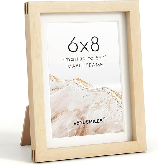 6x8 Picture Frame, USA-Sourced Natural Maple Wood Photo Collage Frame with HD Tempered Glass, Modern Simple 6 x 8 Wooden Frame Matted to 5x7, Gallery Wall Frames for Art, Wall or Tabletop Display