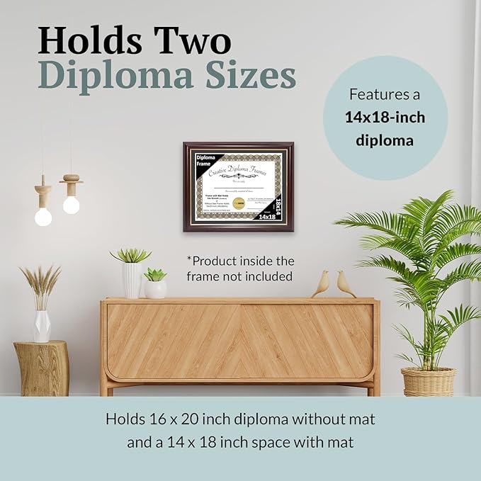 Creative Picture Frames 14x18 Mahogany Gold Rim Diploma Frame with Black Mat Glass and Installed Wall Hangers | Frame Holds 16x20 Media without Mat