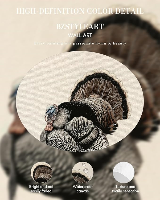 Bzstyleart Vintage Wall Art Decor for Living Room,Sketch Turkey Thankgiving Wall Art,Canvas Picture for Bedroom Decor Aesthetic,Rustic Autumn Harvest Bird Artwork,Thanksgiving Holiday 12 x 16 Inch