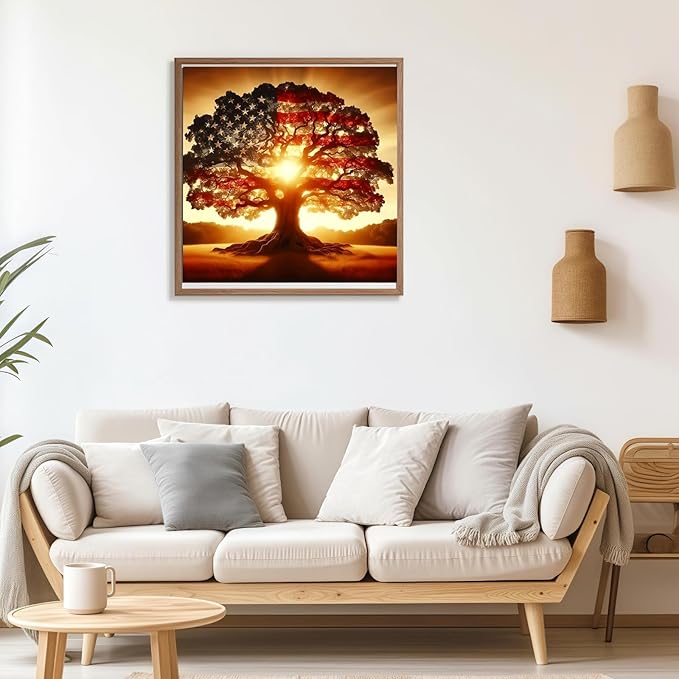 5D Diamond Painting Kits for Adults, American Flag Tree Diamond Art Kits for Beginner, DIY Full Drill Round Ancient Tree Gem Art Paint by Diamonds Dots Crafts Kits for Home Decor 13.7x13.7 Inch