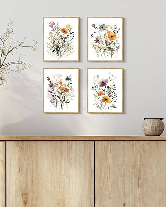 Drsoum Wildflower Bouquet Boho Framed Wall Art Wooded Minimalist Aesthetic Botanical Flower Prints Modern Plants Bathroom Kitchen Home Decor Ready to Hang 8x10inx4pcs (Natural Framed)