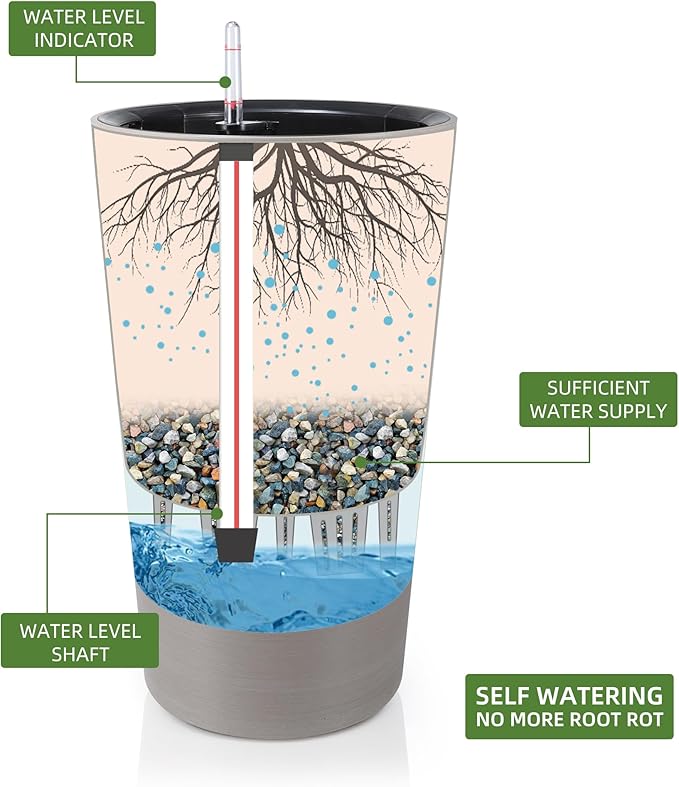 Dexceder 22x13 Tall Self Watering Planter High Cylinder Indoor Outdoor, Thickened Large Floor Standing Flower Plant Pot with Water Level Indicator (Coffee, Wire Drawing)