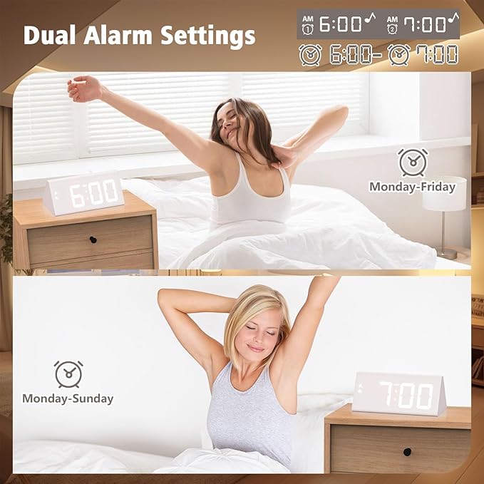 Wooden Digital Alarm Clock with Dual USB Charging Ports, DST, Dimmable, Snooze, Modern Large Time Display LED Clock for Kids Bedrooms, Living Room, Desk, Table, Bedside, Nightstand (White)