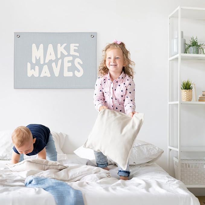 Coastal Beach Kids Room Decor - Linen Banner Wall Hanging Canvas Banner Flag Decor for Kids Toddler Bedroom Nursery Playroom