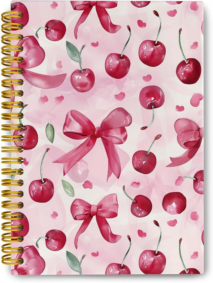 Trendy Coquette Pink Bow Cherry Journaling Notebooks, Preppy Spiral Notebook, Cute Notebook Journal for Girls, Pink Office Supplies, Hardcover Spiral Lined Notebook 5.5 x 8.3