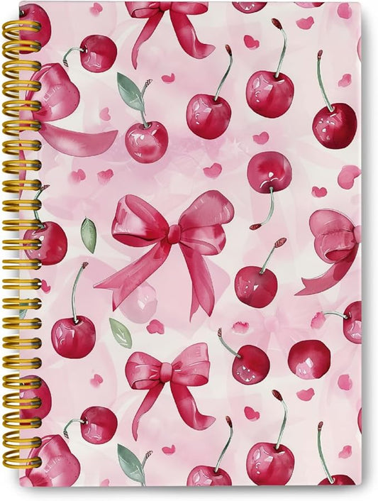 Trendy Coquette Pink Bow Cherry Journaling Notebooks, Preppy Spiral Notebook, Cute Notebook Journal for Girls, Pink Office Supplies, Hardcover Spiral Lined Notebook 5.5 x 8.3