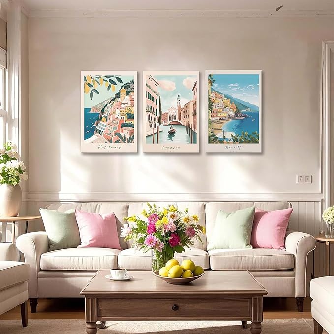 XLARTMY Italy Amalfi Coast Travel Posters Wall Art Framed Canvas Decor City Landscape Blue Venice Coast Painting Beach Modern Artwork for Living Room Bedroom Bathroom Office Set of 3 16x24in