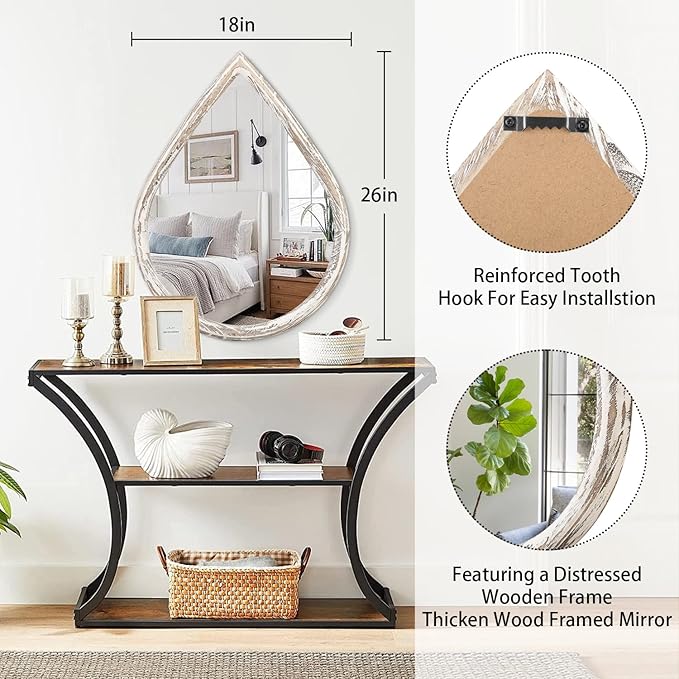 Teardrop Mirrors with Wood Frame Farmhouse Rustic White Wall Hanging Mirrors Large Decorative Mirror for Living Room Bathroom Entryway
