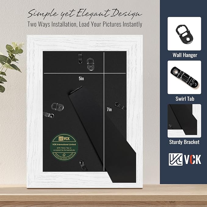 VCK 5x7 Picture Frames White Set of 5, Wide Border Wood, Tempered Glass, Display 4x6 Photo with Mat or 5 x 7 without,for Home, Office, Gallery, Woodgrain Series, Tabletop & Wall Hanging