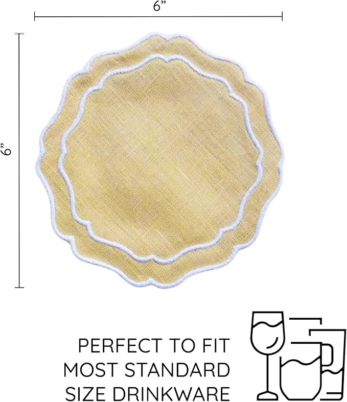 Drink Coasters Set of 6, 6x6 inch, Absorbent Linen Drink Mats with Scalloped Edge, Reusable Handmade Coffee Coasters for Home Decor & Tabletop Protection & Gift Giving (Butter)