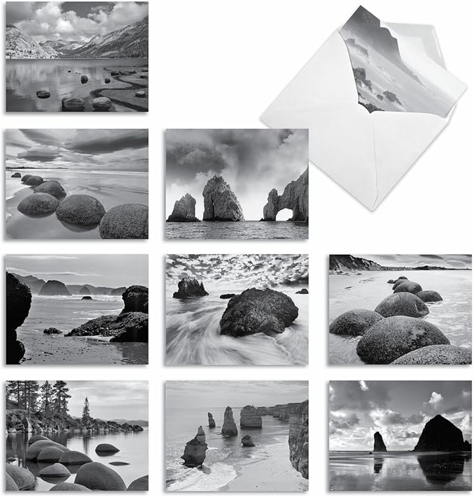 The Best Card Company - 10 Blank Note Cards with Envelopes (4 x 5.12 Inch) - Black & White Photos, Bulk Boxed Set - On the Rocks M3309-NB