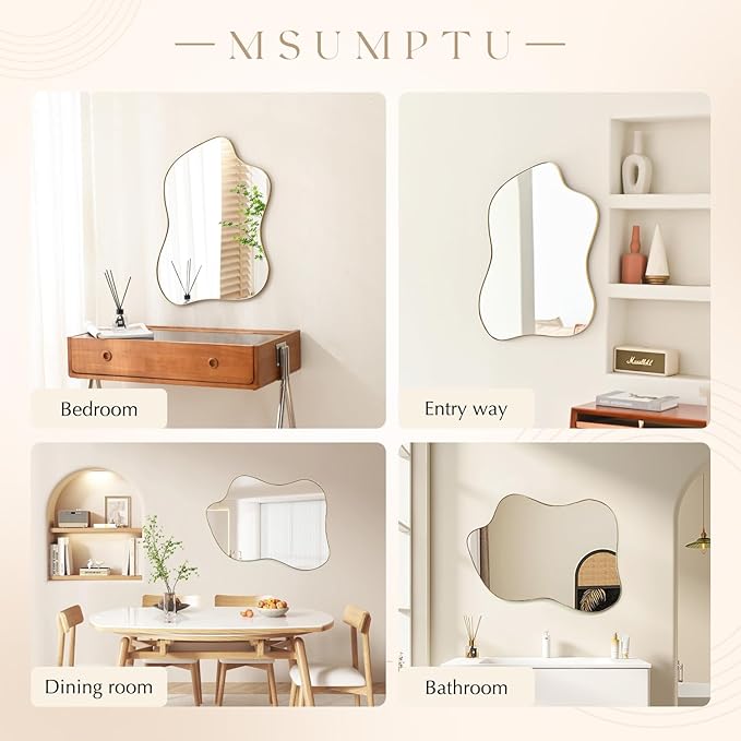 Irregular Wall Mirror Gold Wave Shaped Metal Framed Wall Mirror for Bathroom Bedroom Entryway Living Room Wall Decor 28" L x 20" W 2304Gold