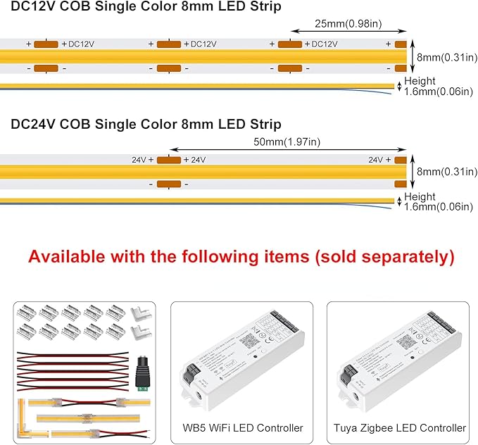 12V Red LED Strip Light COB Rope Lights, 480LEDs/m 8mm Width 16.4FT/5M CRI>90, High Bright Linear LED Tape for Bedroom Party Wedding DIY Lighting (DC12V, Without Power Supply)