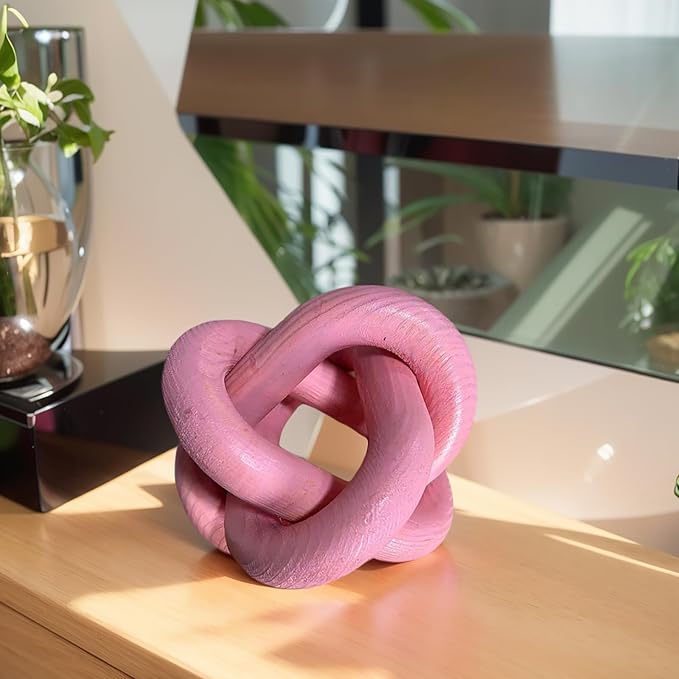 GUDAGUU Wood Knot Decor -Coffee Table Decor Shelf Decor Table Books Hand Carved Home Decoration Boho Country Rustic Modern Shabby Chic Style Decor 3 Link Wooden Knot Chain Link Decor (Pink)