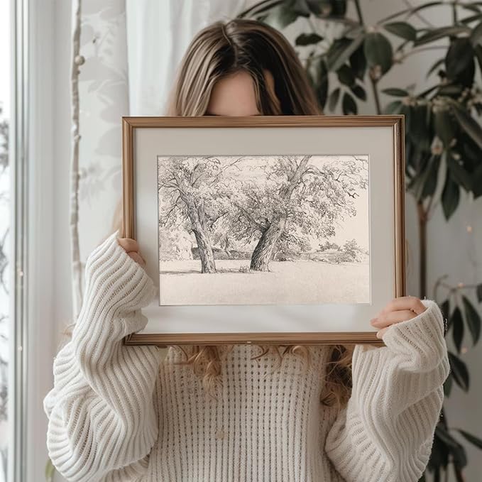 Uniro Neutral Vintage Wall Art for Home Decor, Farmhouse Landscape Tree Sketches Drawing Wall Decor, Rustic Nature Canvas Prints Antique Moody Neutral Landscape Oil Painting Vintage Art Pictures for Bedroom Bathroom Decor( 8" x 10"-UNFRAMED)