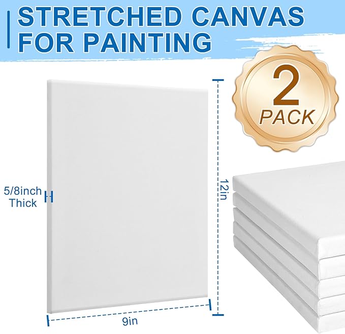 ESRICH Stretched Canvas for Painting, 2 Pack 9x12 Inch Canvas Value Pack,Primed Acid-Free Cotton Blank Canvases, Painting Canvas for Oil & Acrylic Paint.