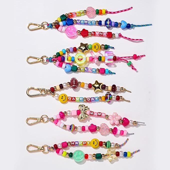 HolidayQbee DIY Bead Keychain Making Kit Beads-304 PCS Beaded Bag Charm Making Kit Rugby Football Letter Alphabet Name Beads Key Chain Making Kit Jewelry Supplies for Kid Girl Christmas Gifts