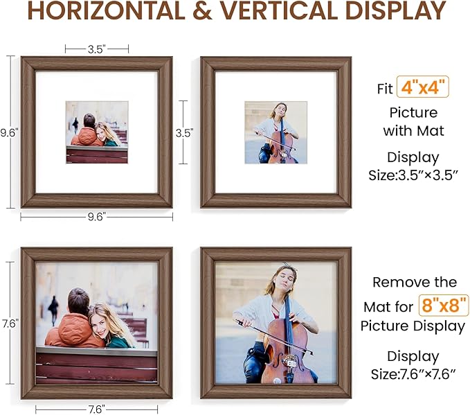 Natural Walnut 8x8 Picture Frames Mat to 4x4 Picture Display Set of 3,Original Wood Handcrafted 8x8 Wooden Photo Frame with Tempered Glass Graduation Family Wedding Pictures Tabletop & Wall Decor