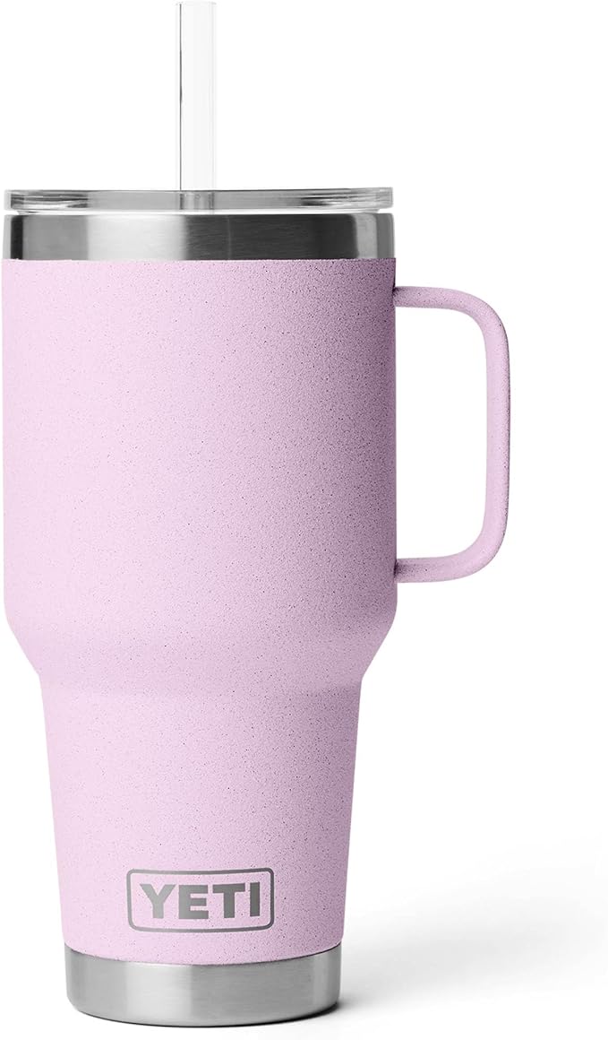 YETI Rambler 35 oz Tumbler with Handle and Straw Lid, Travel Mug Water Tumbler, Vacuum Insulated Cup with Handle, Stainless Steel, Cherry Blossom - Textured