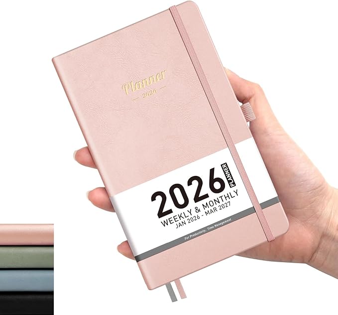 AHGXG Small Pocket Planner 2026-2027, Weekly and Monthly Calendar Planner, 15 Months, JAN 2026 - MAR 2027, Mini Size, Hardcover, Inside Pocket, For Women Men School Home Office Supplies, 3.9''X 6.7'' - Pink