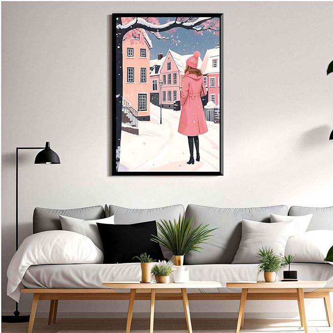 Framed Canvas Wall Art serene winter scene in a quaint village art print Christmas snow cosy winter's day 16x24in Metal blackFramed