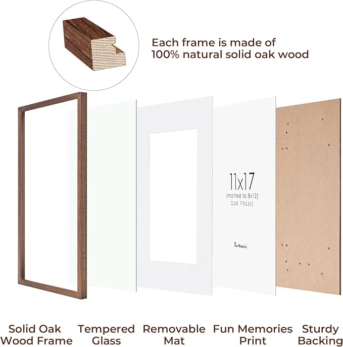11x17 Picture Frame Set of 3, Solid Oak Wood 11 x 17 Frames with Tempered Glass, 11x17 Frame Matted to 8x12, Rustic Wooden 11 by 17 Poster Frames for Wall