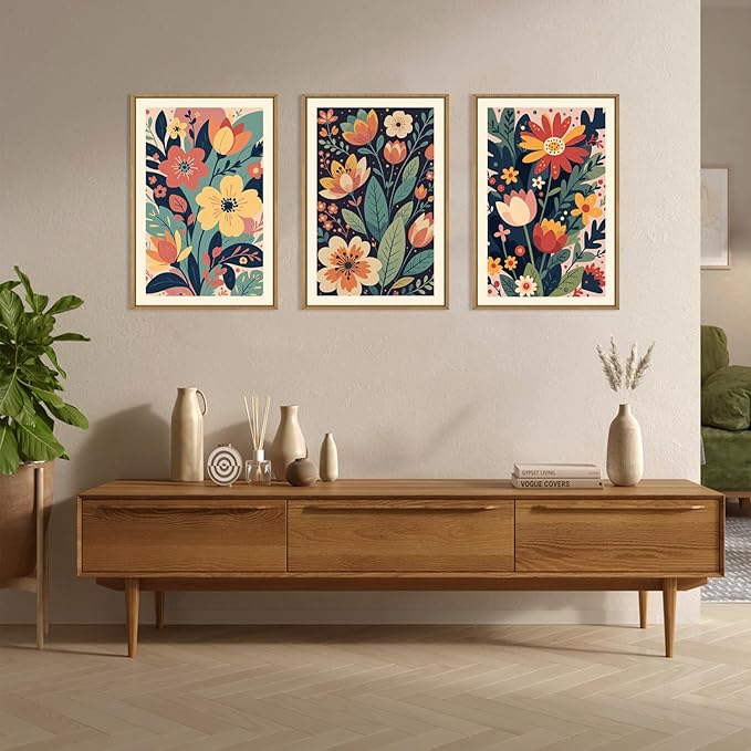 KAIRNE Vintage Colorful Floral Framed Canvas Wall Art Set of 3, Mid Century Modern Flower Wall Decor, Wildflower Plant Painting, Boho Botanical Art Prints for Living Room, Bedroom, Office, 24X36 Inch