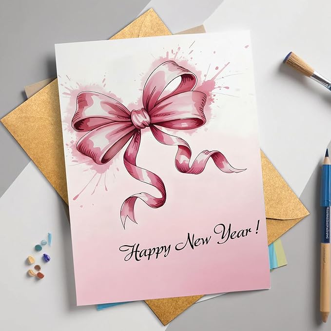 (5.3x8in) Happy New Year Card, Elegant Pink Bow with Watercolor Splash, Classy Greeting Card for Women, Friends, Coworkers or Family, New Year’s Eve Celebration Stationery Envelope (Xmas 38)