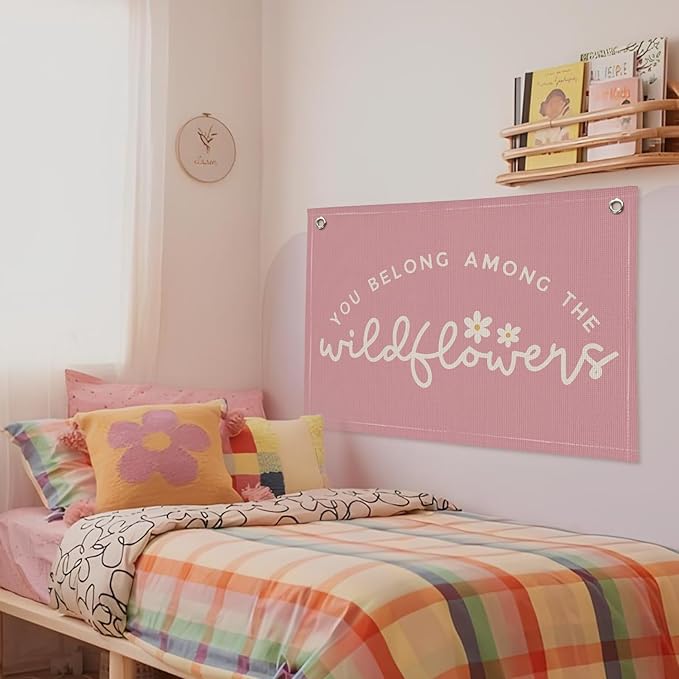 Girls Room Decor, Wildflower Baby Girl Nursery Decor, Baby Shower Pink Linen Canvas Banner, Wall Hanging Banner Flag 20x30 Inch - Hot Pink