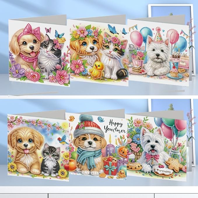 Ceitura 6Pcs DIY Playing Cat and Dog Diamond Art Painting Crafts Rhinestone Painting Greeting Card Making Kit Postcard for Holiday Christmas New Year Party Favors