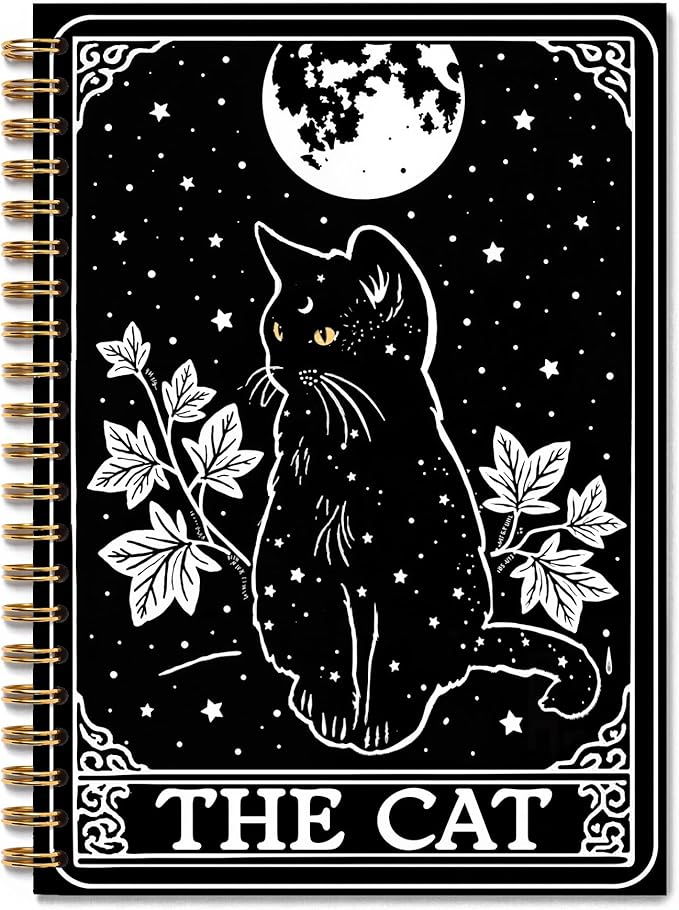 Witchy Black Cat Tarot Notebook, Cats Lover Mom Lady Gifts Journal, Cats Office Supplies, Mystical Celestial Witchy the Cat Tarot Card Spiral Journal Notebook, 5.5x8.3 Inch