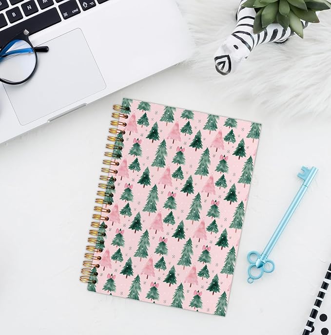 Pink and Green Christmas Tree Spiral Notebook, Coquette Pink Bow Christmas Tree Aesthetic Journal for School Office Supplies, Snowflake Xmas Winter Holiday Hardcover Journal 5.5x8.3 Inch