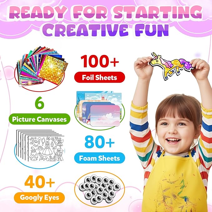 YoPoll Foil Art Craft Kits for Kids, Mess-Free DIY Creative Activity Set, Fun Arts and Crafts Toys for Boys & Girls, Peel & Press Foil Art Kit for Kids, Travel Toy and Birthday Gift (Princess)