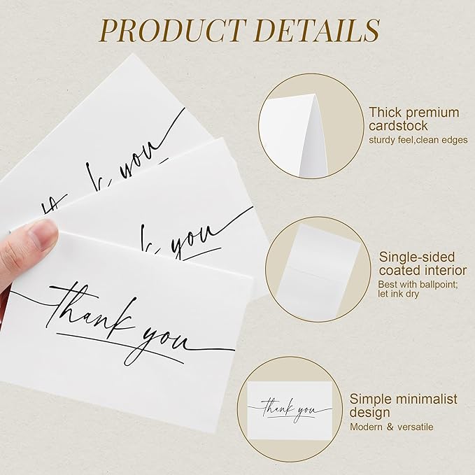 TONOS Thank You Cards with Envelopes, 24 Pack, 3.5x5 Inch, Blank Inside – Minimalist Thank You Notes for Wedding, Baby & Bridal Shower, Coworkers, Small Business