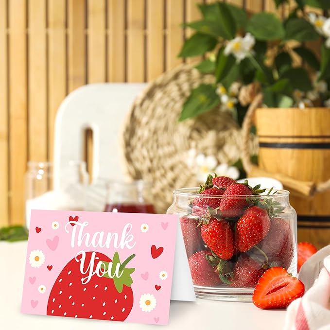 Whaline 50 Pcs Strawberry Thank You Cards Greeting Cards with Envelopes Stickers Pink Fruit Blank Note Cards for Baby Shower Birthday Party Invitation Supplies, 4 x 6 Inch
