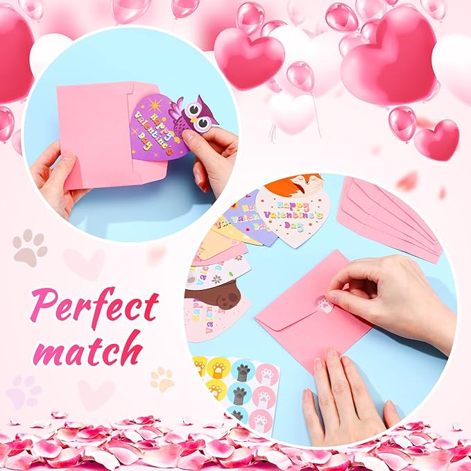 Yexiya 200 Pcs Mini Valentine's Day Cards Assortment Bulk Classroom Exchange for Kids Greeting Animal Box Foldable Love Heart Greeting Cards with Envelopes and Stickers
