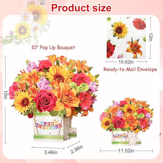 Birthday Cards, Happy Birthday Card for Women, 10Inch Life Sized Forever Sunflower Bouquet with Light and Music, 3D Popup Greeting Card Gift for Women Wife Mom Daughter Sister(Blank Notecard & Envelope)