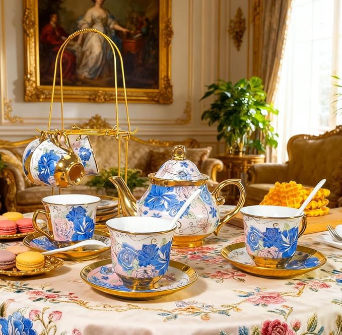 CHANJOON Gold Plated Red Rose Ceramic Tea Set, Vintage Tea Sets with Teapot, Beautiful Tea Set Coffee Serving 6 People (Blue Rose, large)