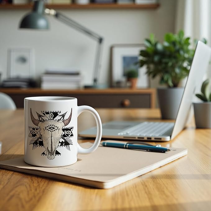 Western Cow Aztec Mug 11 oz, Cowboy Gifts, Western Gifts Coffee Cups Ceramic, Boho Country Wild West Ceramic Mug for Coffee Tea Hot Cocoa Home Office Work
