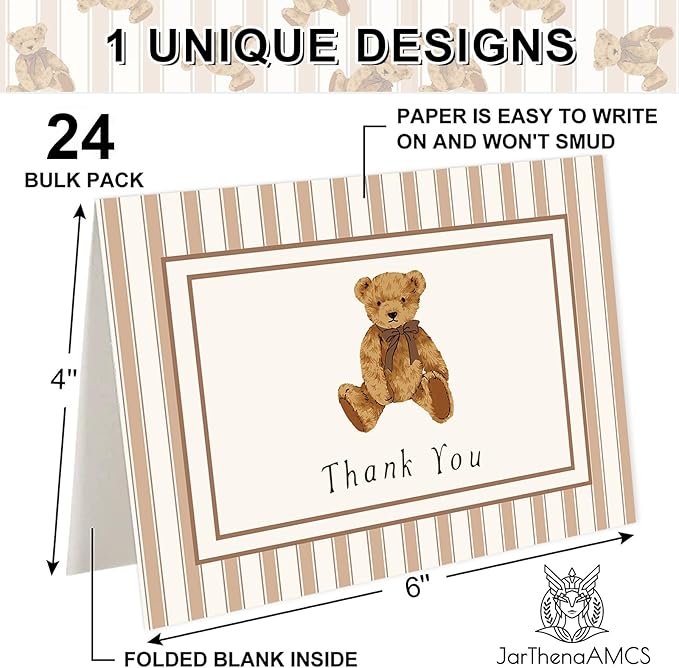 JarThenaAMCS 24 Pack Bear Thank You Cards Greeting Cards Brown Stripe Bear Blank Note Card with Envelopes Stickers for Birthday Baby Shower Party Supplies, 4 x 6 Inch