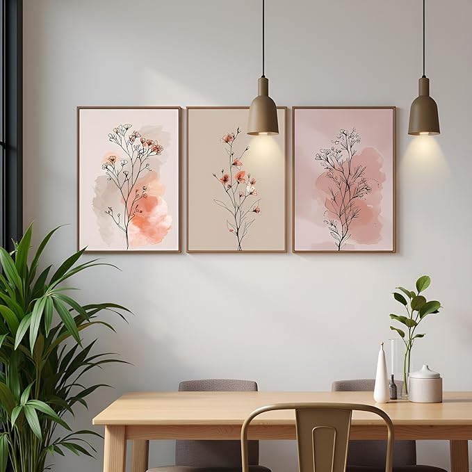 okudolit Boho Vintage Flower Wall Art Set of 3 Minimalist Floral Botanical Prints Rustic Wildflower Wall Decor Beige and Pink Neutral Plant Painting for Living Room Bedroom Office-16x24in