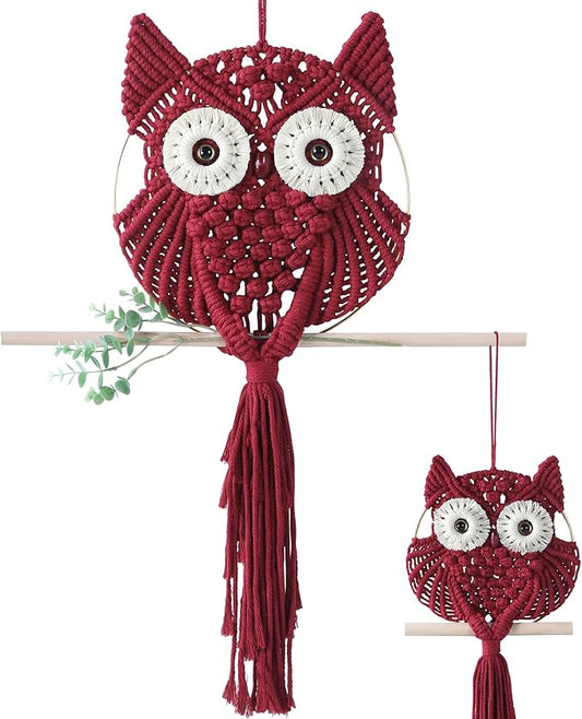 MVSUTA Owl Burgundy Cotton Handmade Macrame Wall Hanging Tapestry Home Decor Art and Red Craft Wonderful Decoration Woven Boho Ornament for Office Bedroom Apartment Living Nursery Gallery,2pcs set:1pc